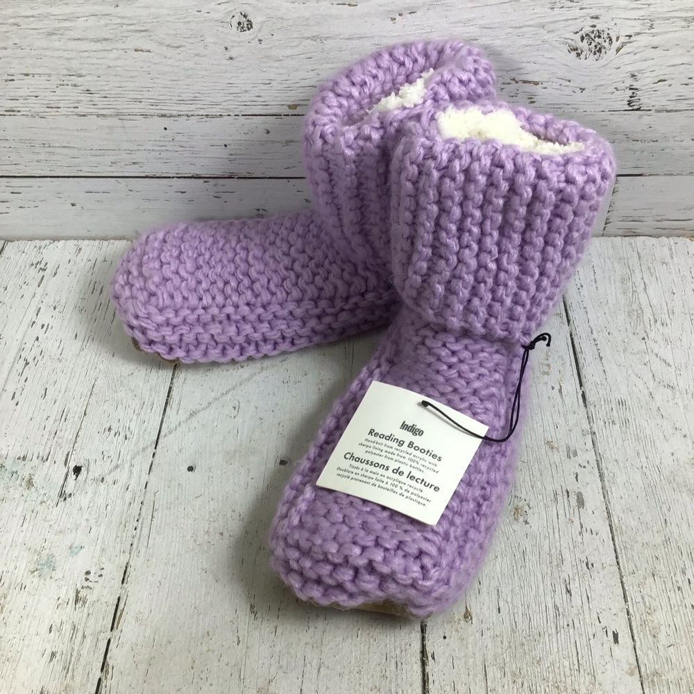 Indigo Reading Sock Booties Slippers Hand Knit Sherpa Lining NWT